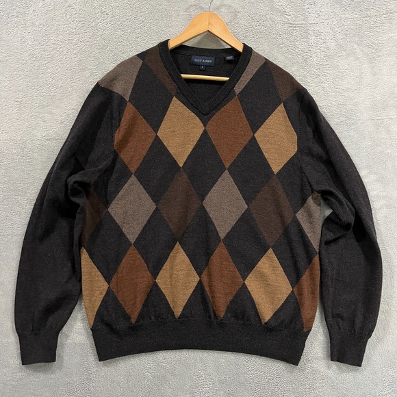 VTG 90s Scott Barber Sweater Mens Large Argyle Merino Wool‎ V-Neck Preppy